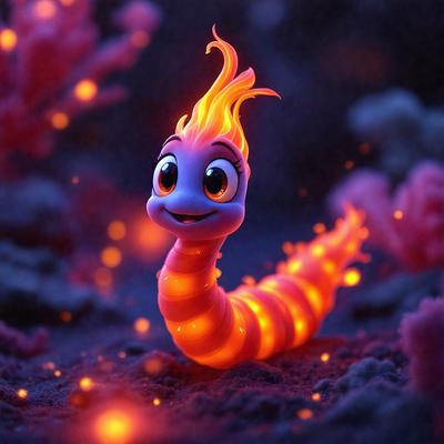 The primary subject of the image is a cartoon character, specifically a character from the movie "Despicable Me." The character is a yellow and orange caterpillar with a big smile on its face. The setting is a dark, purple-lit environment, which adds a dramatic and mysterious atmosphere to the scene. The visual style of the image is a digital art or illustration, showcasing the character's unique design and features. The colors and mood of the image are predominantly dark and mo